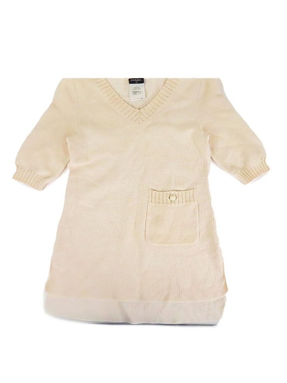 Chanel V-neck Knit Ivory Cotton Sleeve Tunic Top Sweater 34